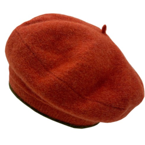 rust orange beret with loden green trim